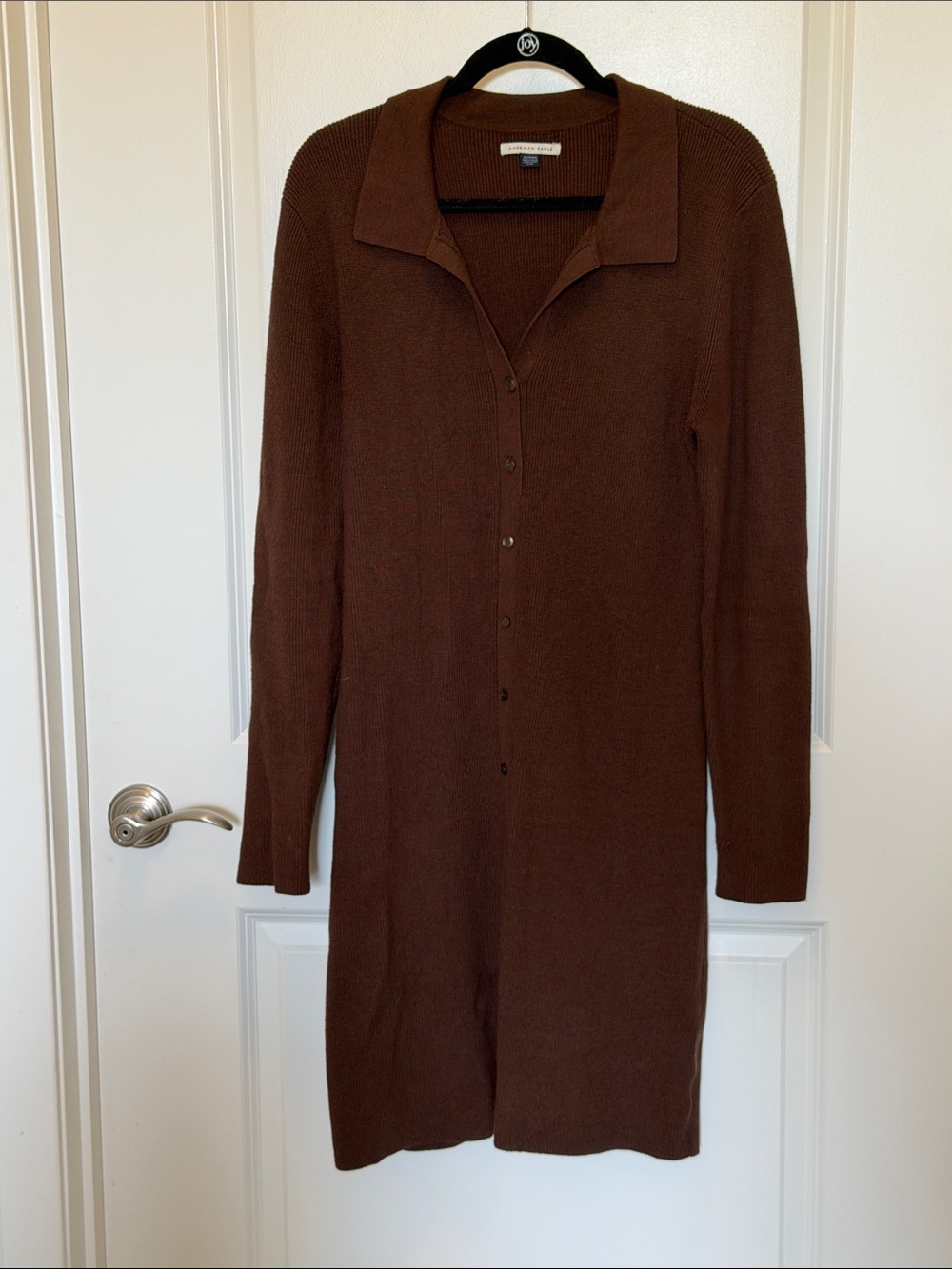 American Eagle Long Sleeve Button-Down Knit Dress Brown